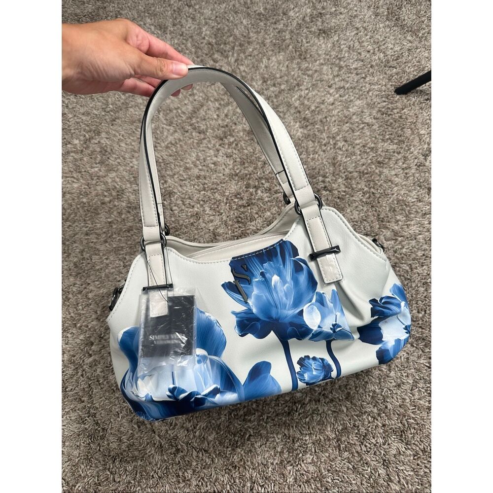 NWT Simply Vera Vera Wang Buena Satchel Bag Blue White Floral Purse - Picture 2 of 6